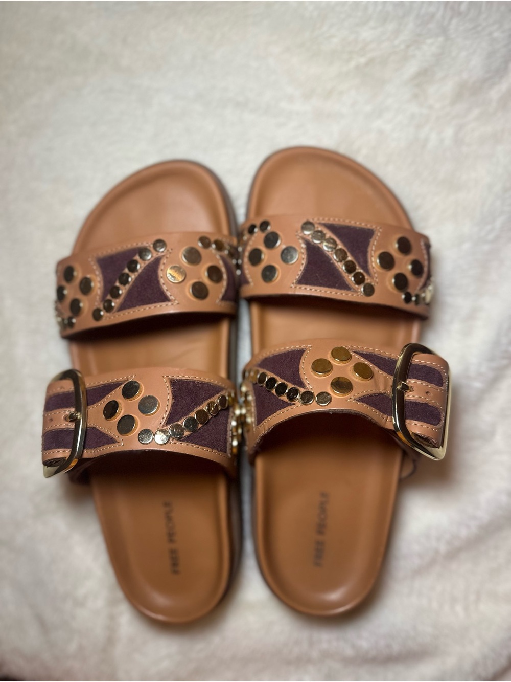 Free People Revelry Studded Sandals Tan Purple Leather Slides Size 7.5